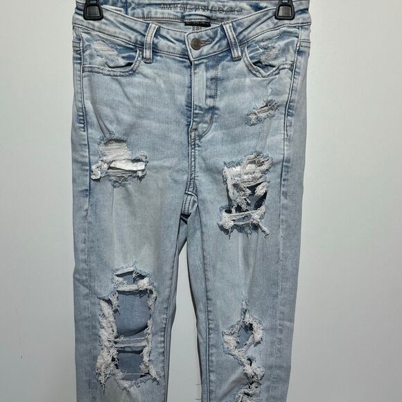 American Eagle Outfitters Women's Blue Denim Distressed Skinny Jeans Size 4 - Picture 1 of 10